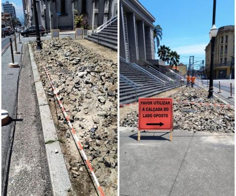 obras em calçada diante de fórum. #paratodosverem