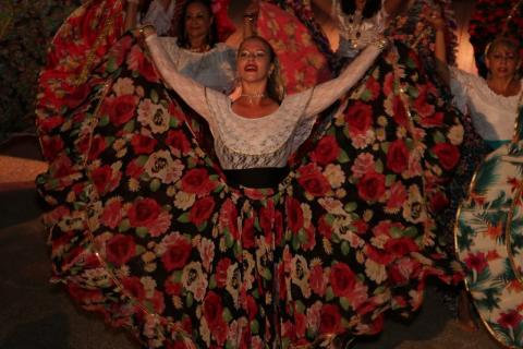 Mulher dança segurando a barra do vestido. Seus braços estão suspensos de forma que a saia rodada cubra quase toda a lateral da imagem,formando um fundo estampado. #Pracegover