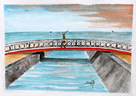 obra retrata ponte sobre canal #pracegover 