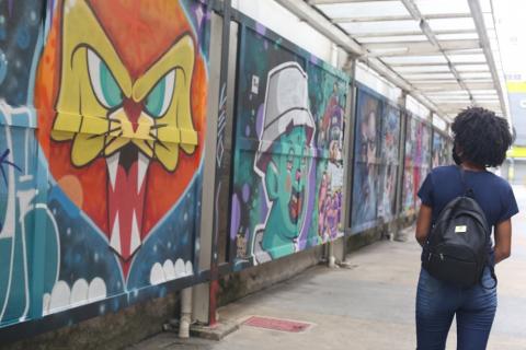 mulher olha os murais grafitados #paratodosverem 