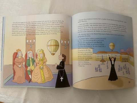 página do livro aberta com o padre Bartolomeu de Gusmão e balões. #Paratodosverem
