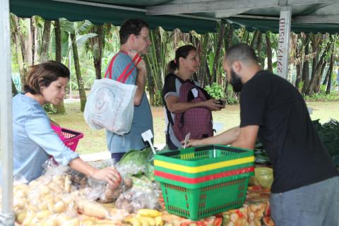 Barraca de venda de legumes e frutas com vendedor e consumidores. #Pracegover