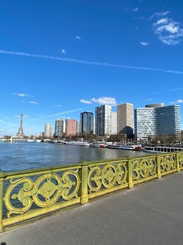 Ponto turístico de Paris, com Torre Eifell bem ao fundo, na frente de um rio. #Paratodosverem