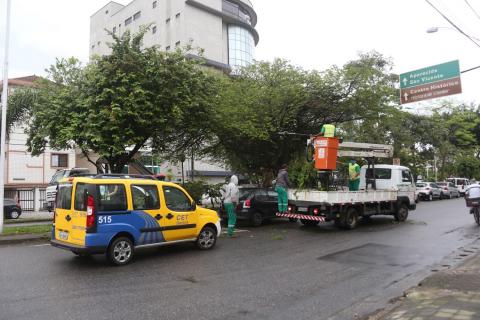 Caminhão com braço basculante à frente de viatura da cet. Ambos estão parados na rua ao lado de árvore. #Paratodosverem