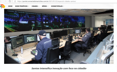 Imagem do portal smart cities com foto do Centro de Controle Operacional em Santos. #Paratodosverem