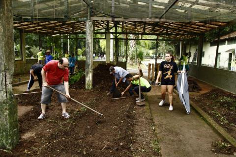 pessoas fazem manutenção em espaço de horta #pracegover 