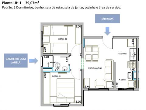 Uma das plantas do imóvel com dois dormitórios. #Pracegover