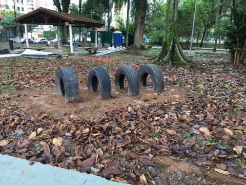 pneus colocados como obstáculos para os cães #pracegover 