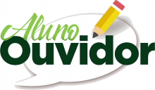 Logo com os dizeres Aluno Ouvidor em tons de verde sobre um balão de fala branco com um lápis próximo.