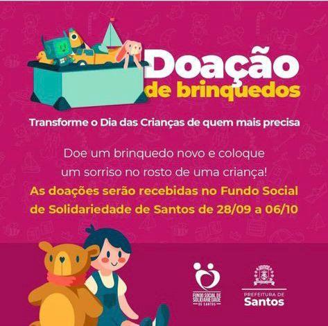cartaz da campanha com arte de bonecos, bicho de pelúcia e caixa de brinquedos. #paratodosverem
