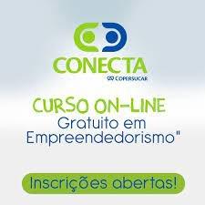 cartaz digital do programa onde se vê um logotipo do programa e onde se lê Curso On-line gratuito em empreendedorismo. Inscrições abertas