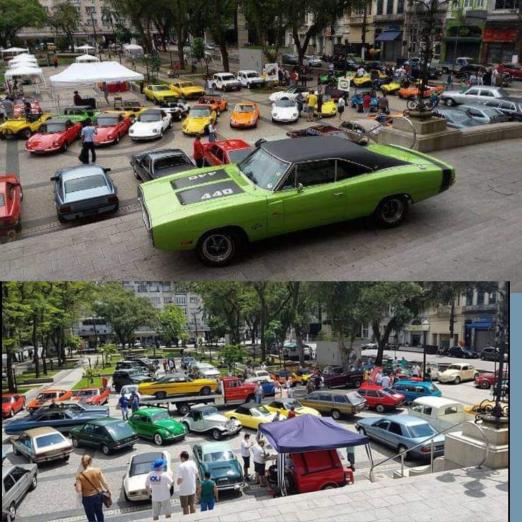 carros antigos expostos na praça #paratodosverem