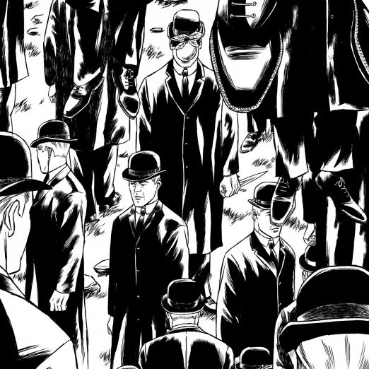Ilustração de Gustavo Machado. São v´rios homens vestidos de terno preto e com chapéus também pretos. #Pracegover
