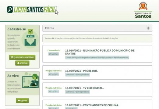 face da página de licitações da Prefeitura de Santos. #paratodosverem
