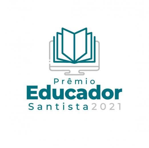 logotipo do prêmio com desenho de livro aberto. Abaixo se lê Prêmio Educador Santista 2021