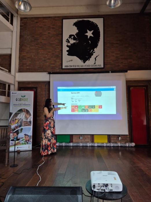 mulher dá palestra apontando em telão #paratodosverem