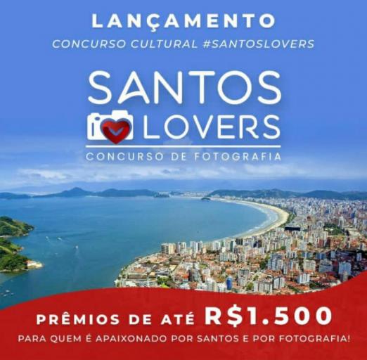 cartaz virtual do concurso onde se lê lançamento. Concurso Santos Lovers. Ilustração tem a orla de Santos. #paratodosverem 