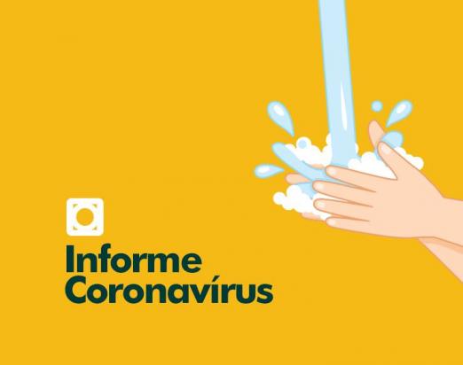Card onde se lê: Informe coronavírus. Tem uma mureta simbolizando o logotipo da Prefeitura e uma arte de mãos se esfregando sob um jato d'água. #Paratodosverem