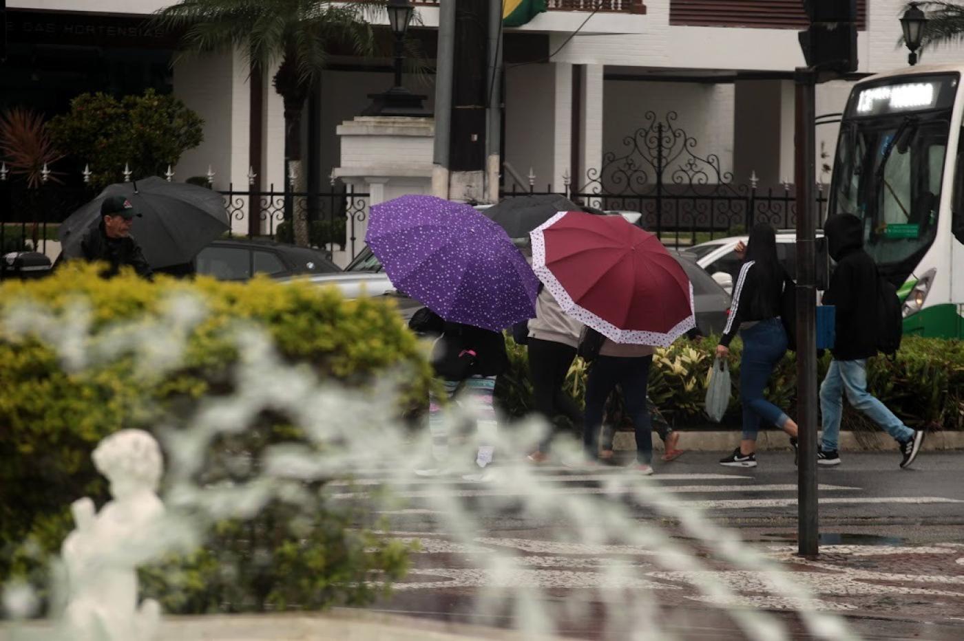 pessoas estão andando na rua de guarda chuva. Em primeiro plano se vê os jatos de água de uma fonte e um trecho de jardim. #paratodosverem