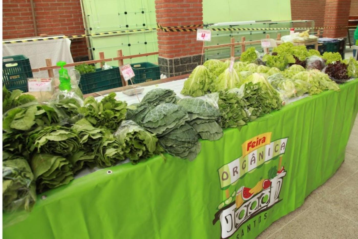 Verduras em cima de uma mesa de uma barraca da feira. #paratodosverem