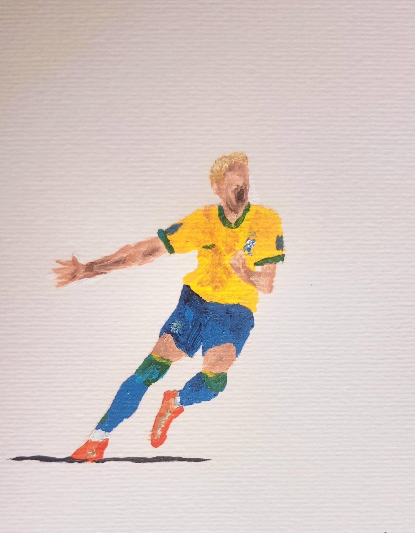 pintura mostra o jogador Neymar Jr. com o uniforme da seleção brasileira, me movimento. #paratodosverem 