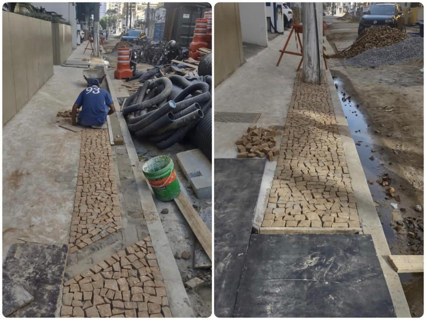 duas imagens de mesmo trecho lado a lado mostrando colocação de pedras em calçadas e, ao lado, a calçada pronta. #paratodosverem