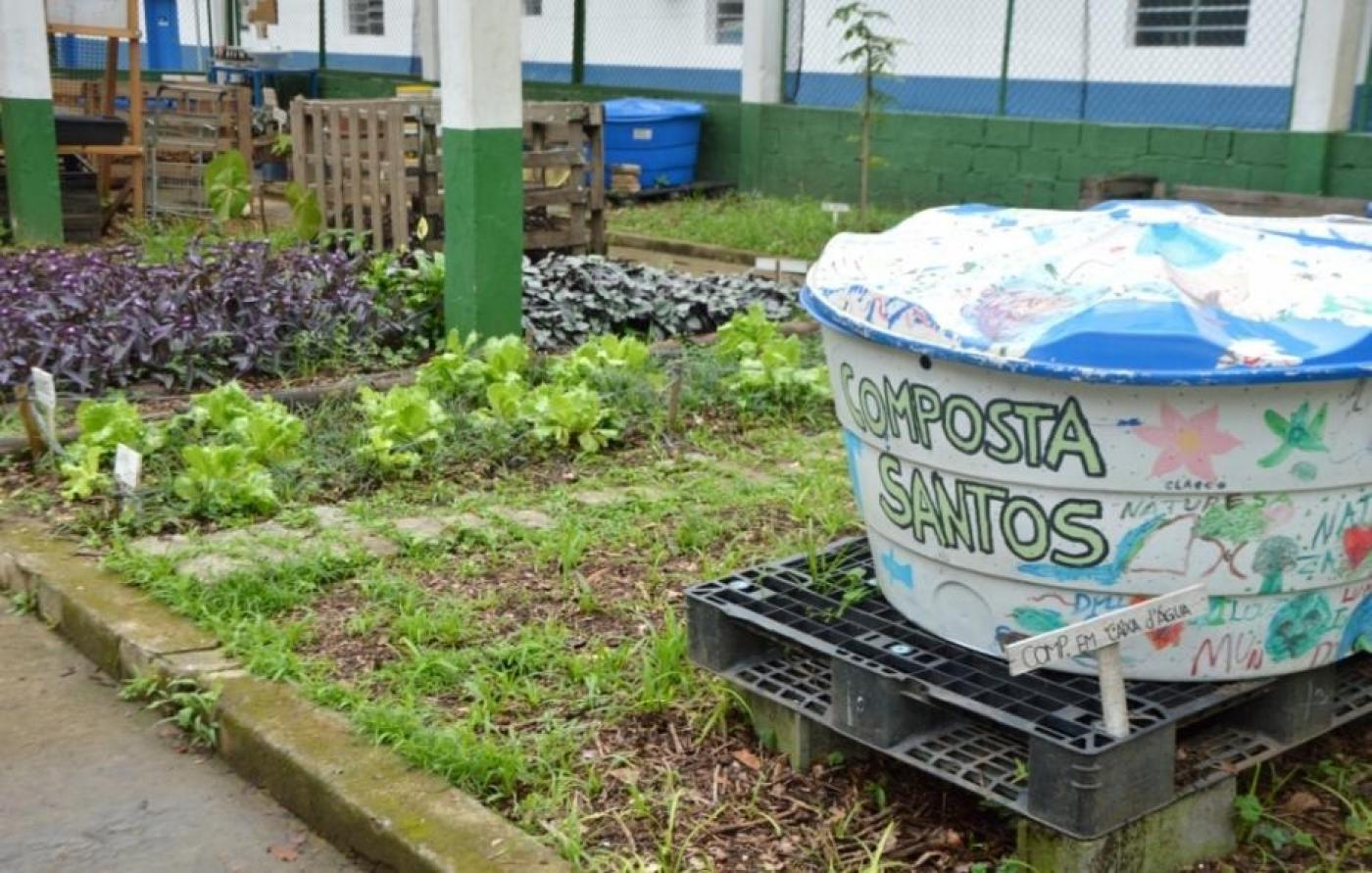 caixa de compostagem junto a canteiro de plantas. #paratodosverem