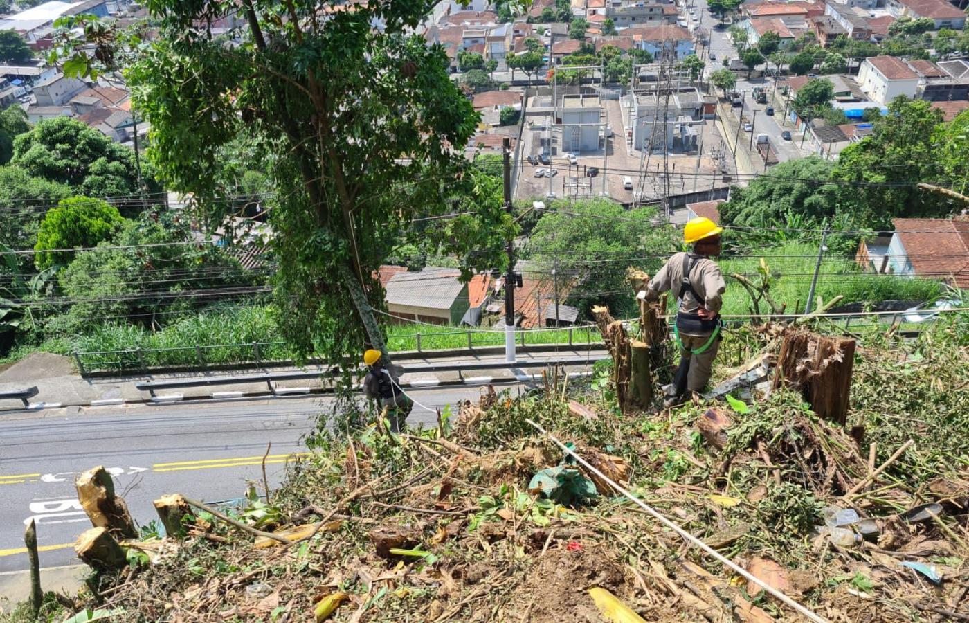 homens trabalhando em terreno com terra e grama. #paratodosverem