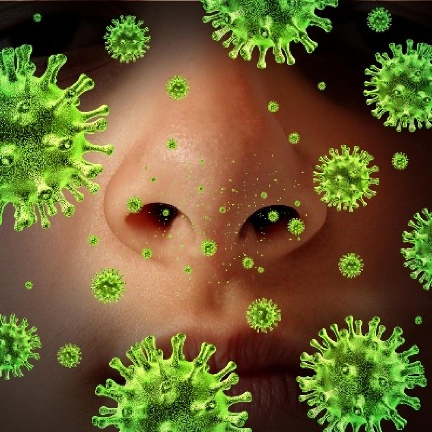 ilustração de vírus rodeando nariz. #paratodosverem 