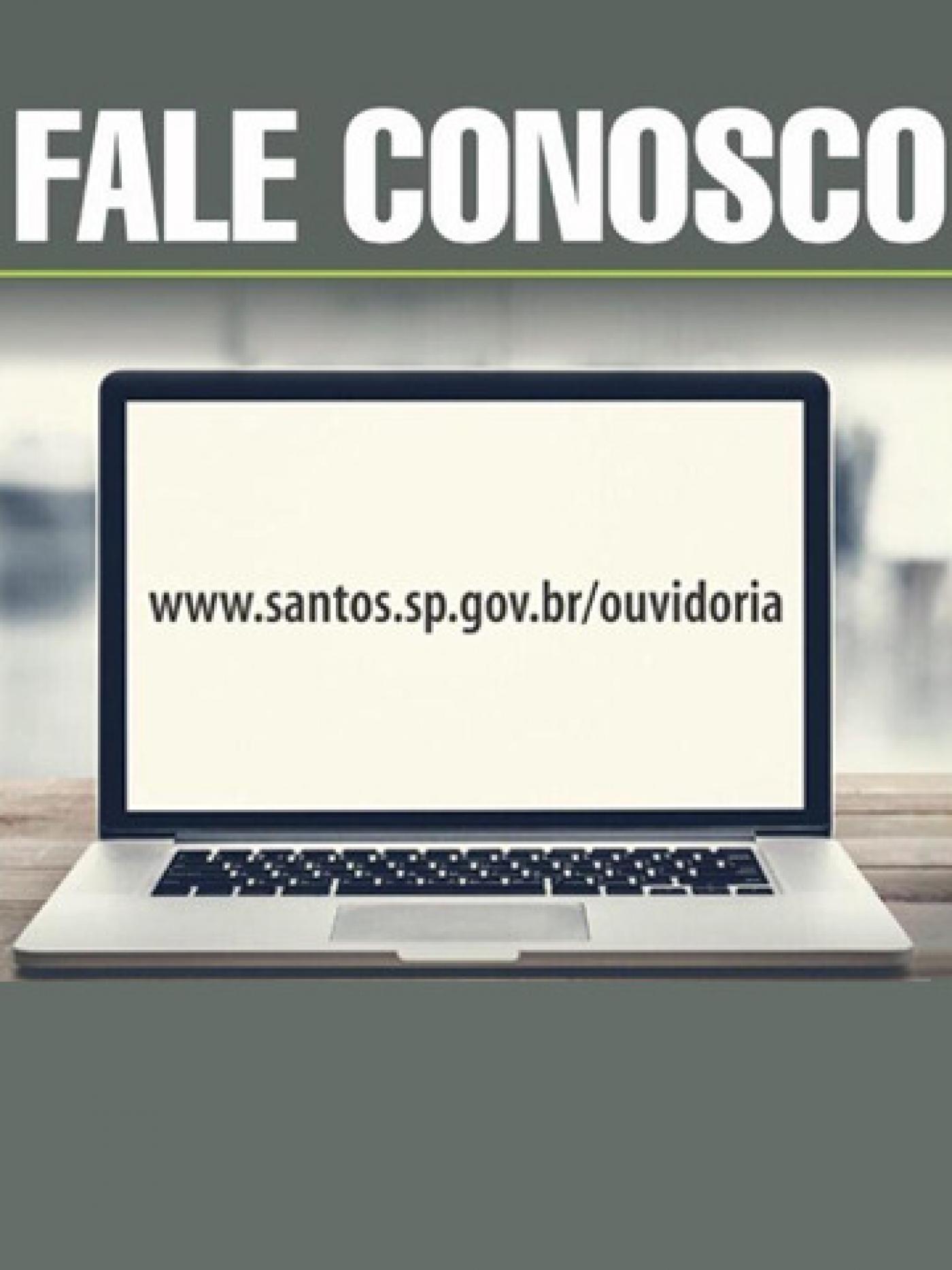 Arte onde se lê, no topo: Fale conosco. Abaixo há um laptop com a tela aberta onde se lê o endereço da ouvidoria digital. #Paratodosverem 