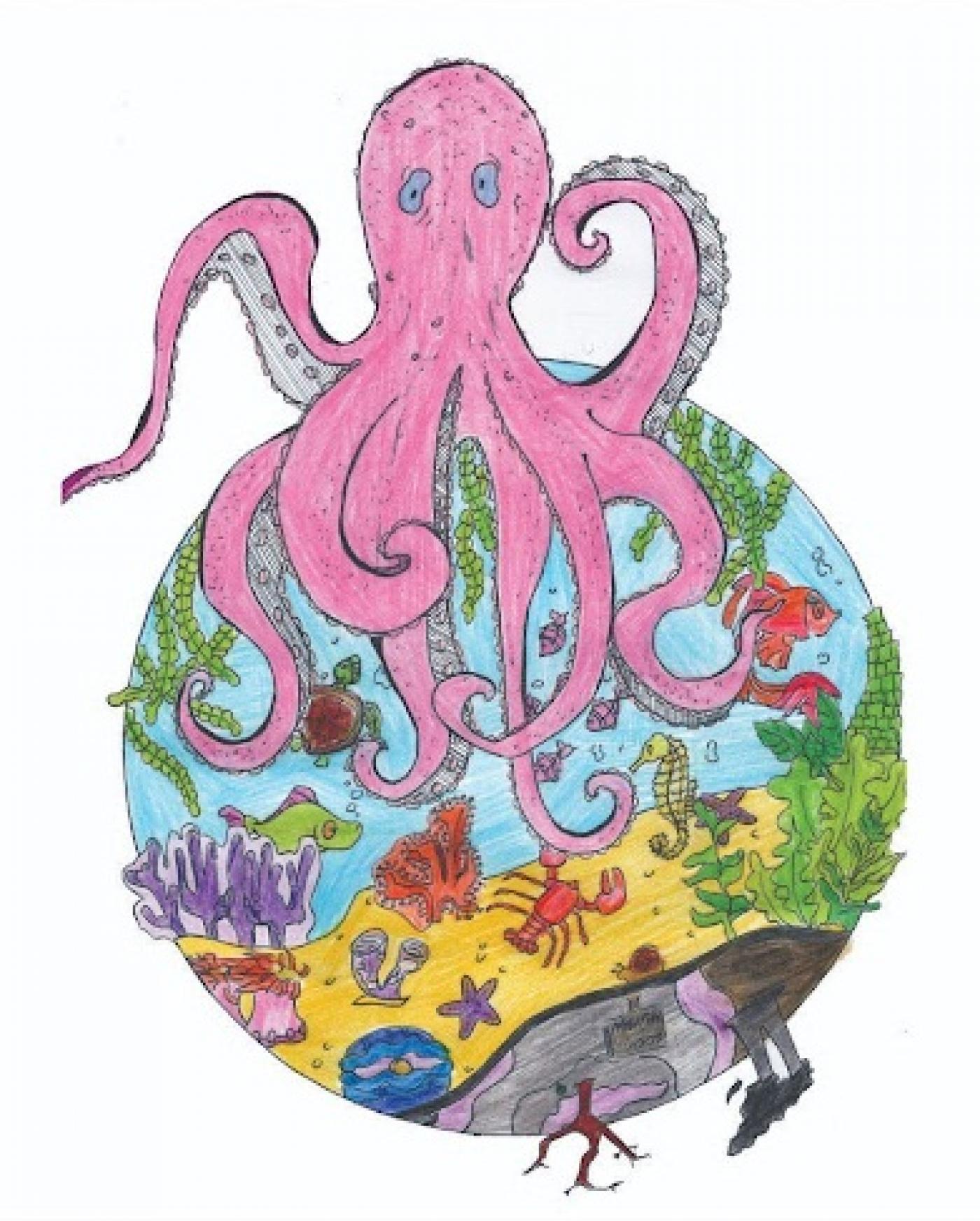 desenho de polvo sobre o globo terrestre coberto por desenhos de estrelas do mar, cavalos marinhos e outros seres dos oceanos. #paratodosverem