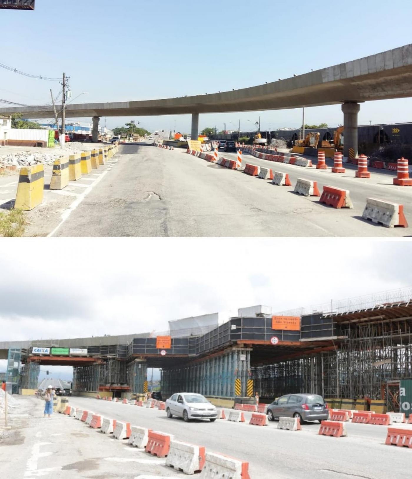 Vista geral do viaduto atual, sem interferências e, abaixo, a imagem antiga, como cimbramento. #Paratodosverem