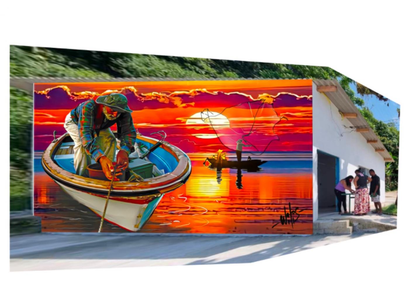 mural mostra um pescador num barco com por do sol ao fundo. O mural decora muro de prédio público. #paratodosverem