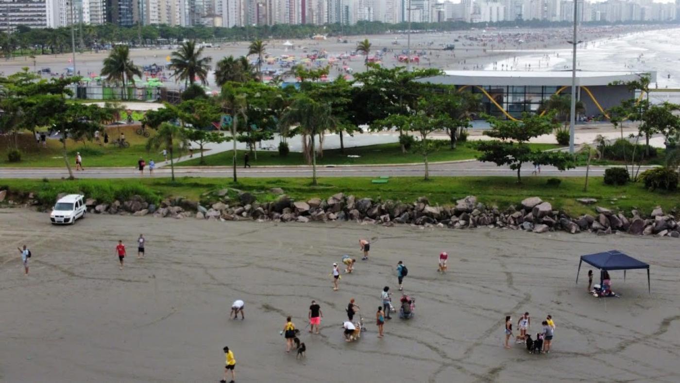 tutores com cães em primeiro plano, faixa do emissário na sequência e o restante da praia ao fundo. #paratodosverem