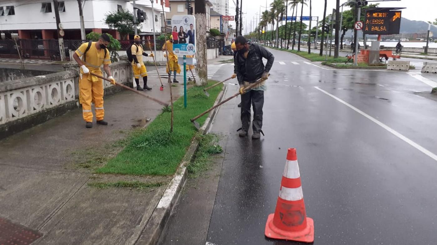 Homens fazem capinação em jardim de avenida #paratodosverem