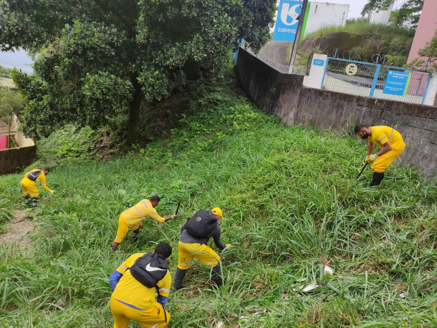 Profissionais fazendo capinação em área de morro #paratodosverem