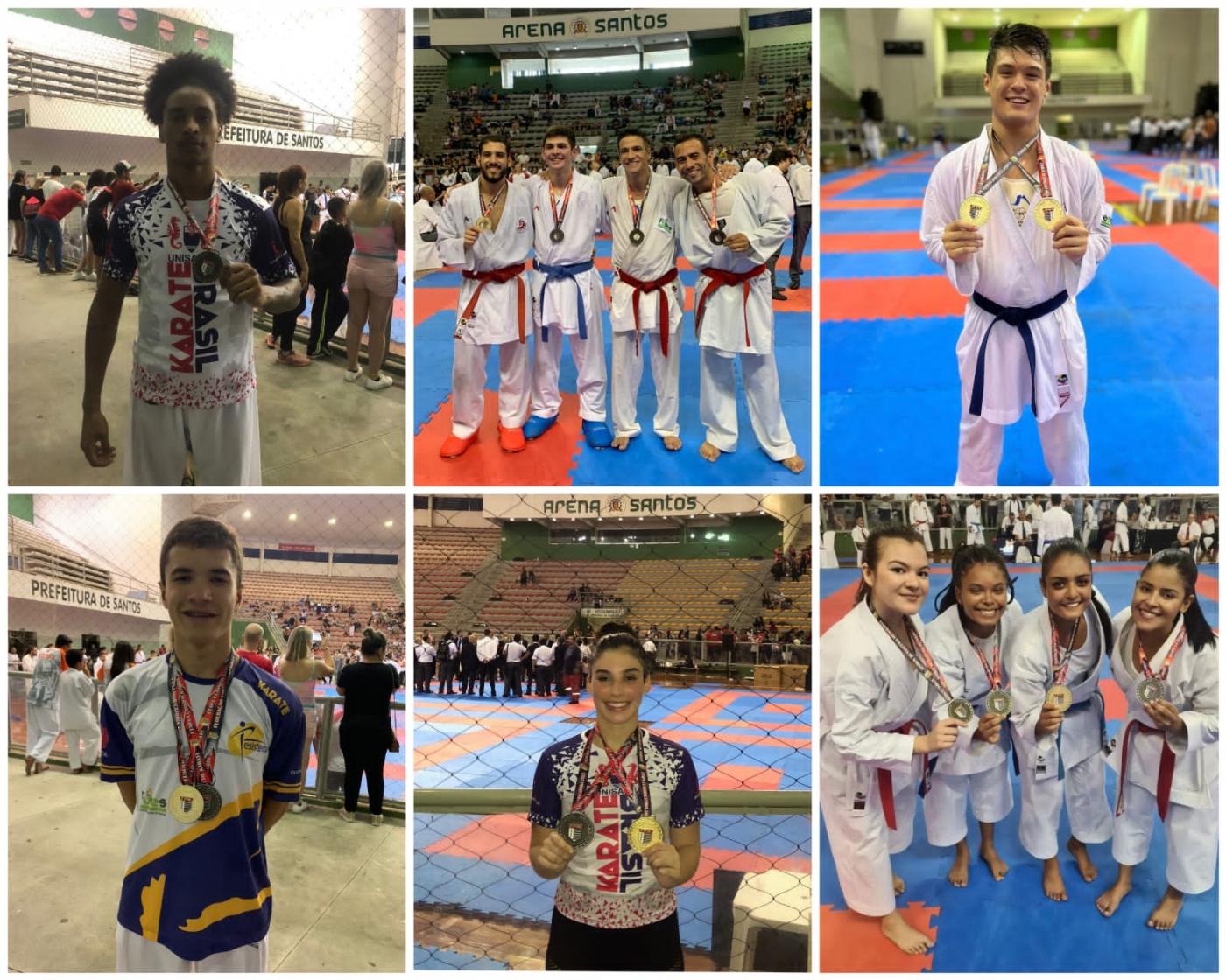 mosaico de atletas santistas posando com medalhas. São seis quadros de fotos, sendo quatro individuais e duas coletivas. #paratodosverem