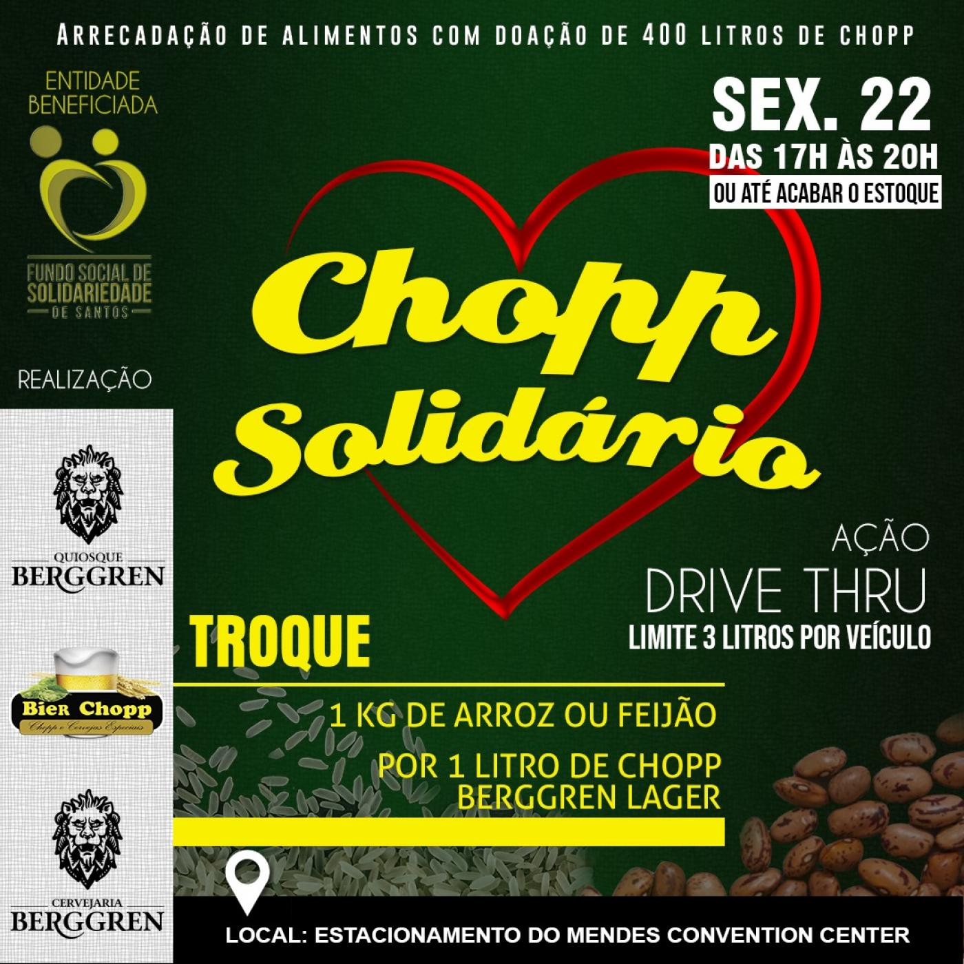 Card onde se lê. Chopp Solidário Contém a data do evento e as informações sobre a troca. #Paratodosverem