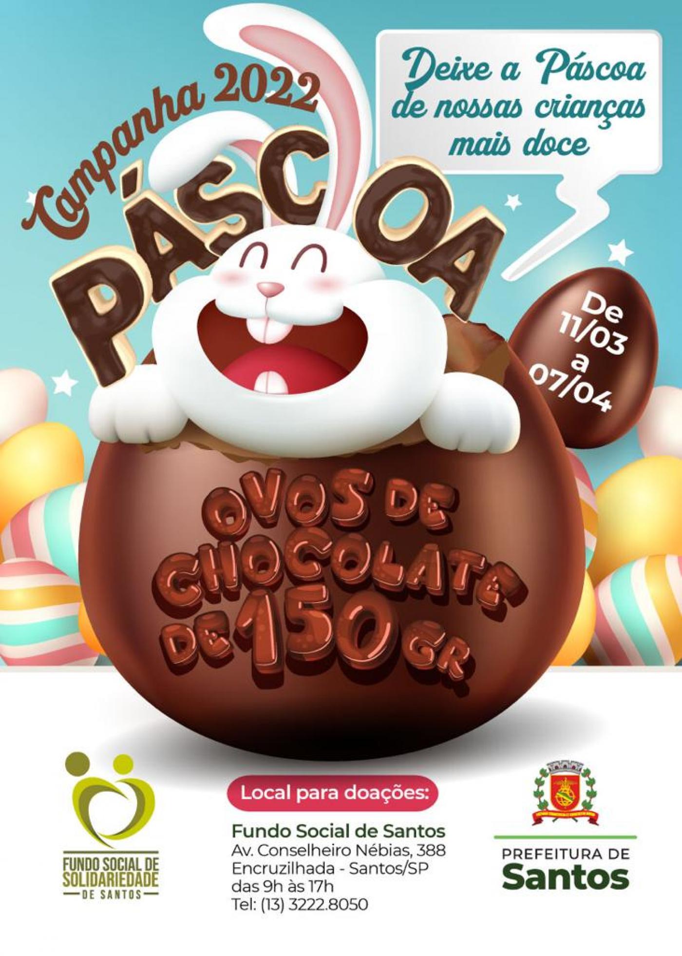 cartaz com coelho dentro de ovos de chocolate e informações sobre as doações. #paratodosverem