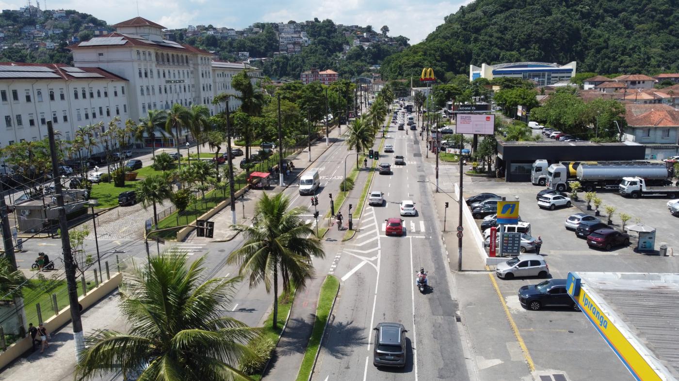 vista aérea de avenida com estabelecimentos de ambos os lados e um canteiro central com palmeiras. Carros cortam a via,. #paratodosverem 