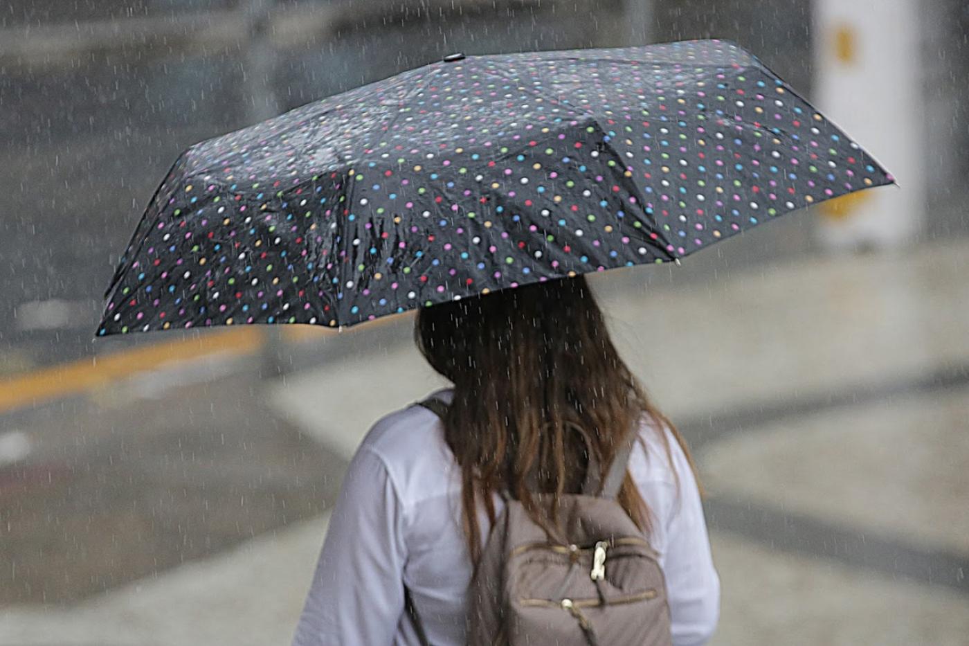 Mulher está de costas para a foto. Ela segura um guarda-chuva na rua. Está chovendo. #Paratodosverem