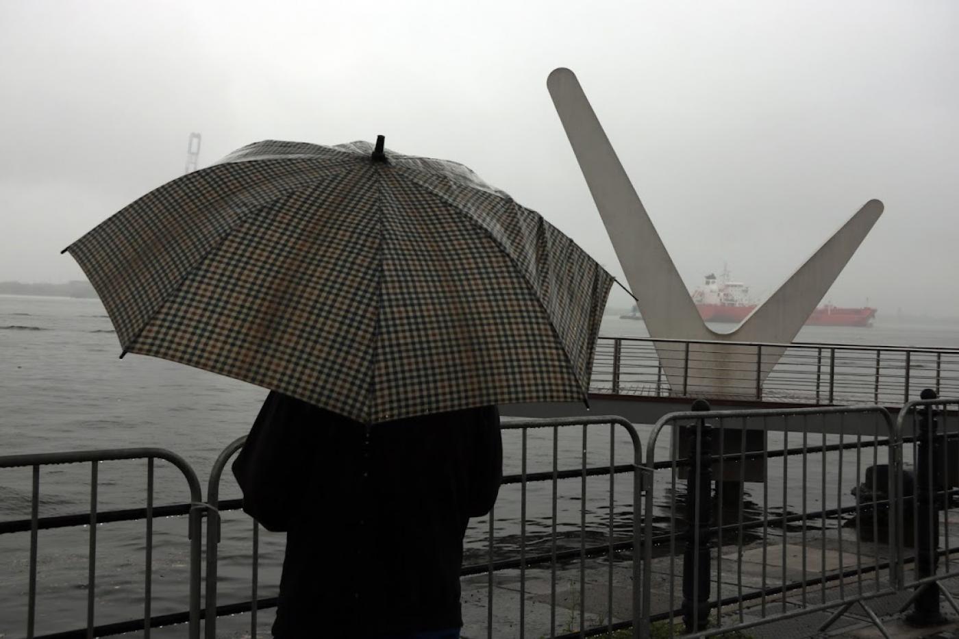 pessoa de guarda chuva no parque valongo #paratodosverem 