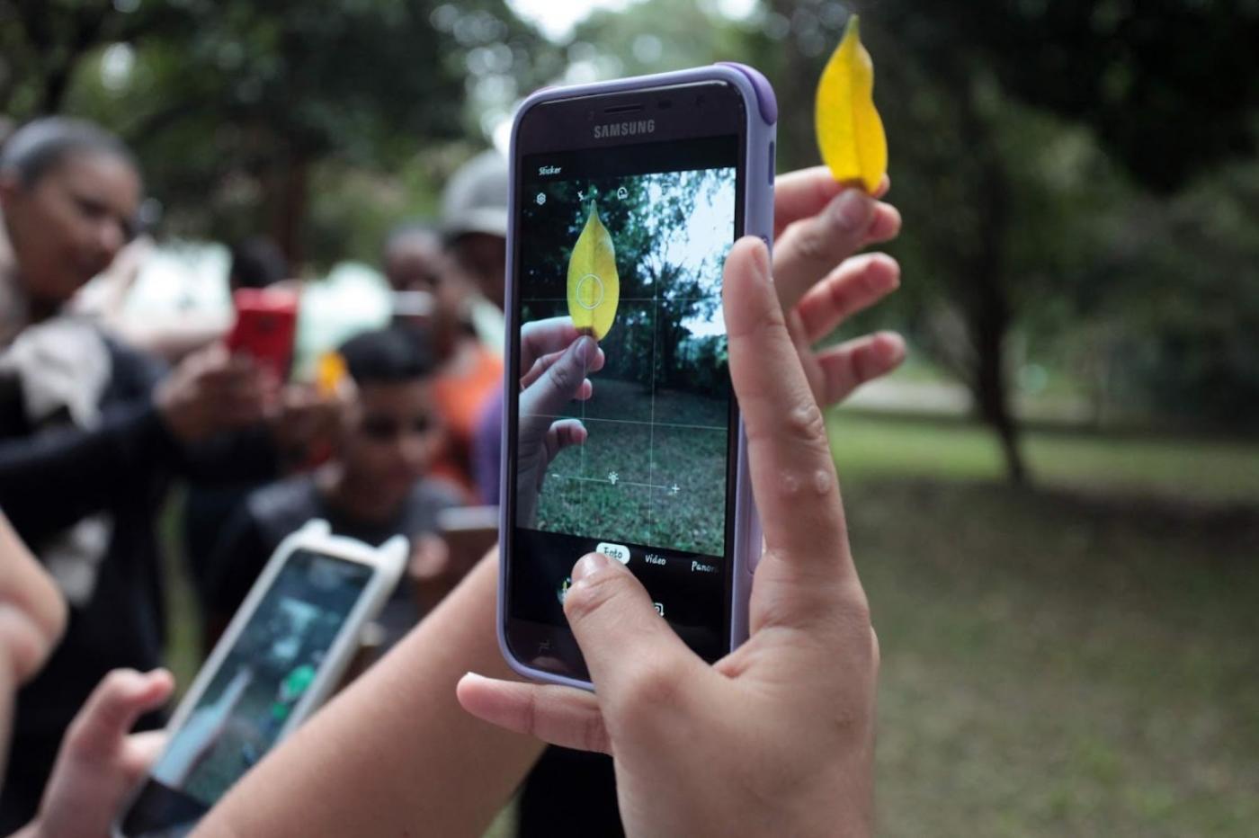 imagem em close de mão segurando um celular que está filmando uma folha na ponta dos dedos de outra mão. #paratodosverem