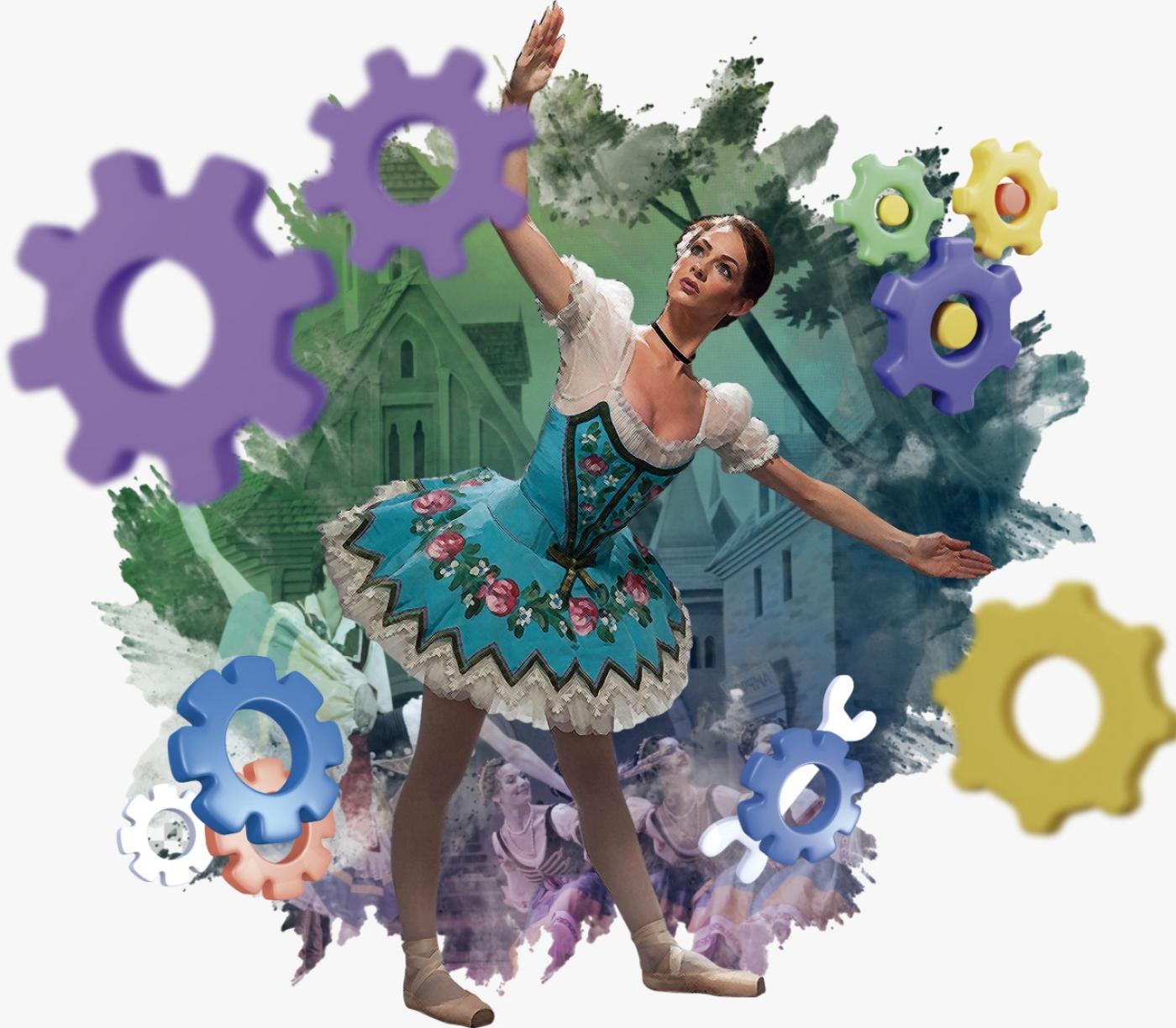 arte para ‘Coppélia, com um bailarina em pé e de braços abertos. #paratodosverem