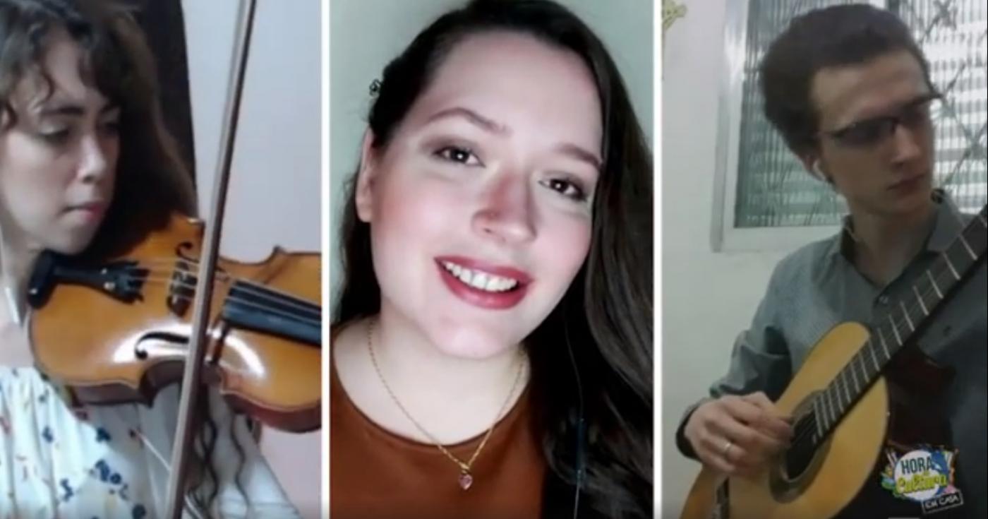 Ilana Moreno, no violino; Paula Batalha, e Luiz Mateus, no violão. #Paratodosverem