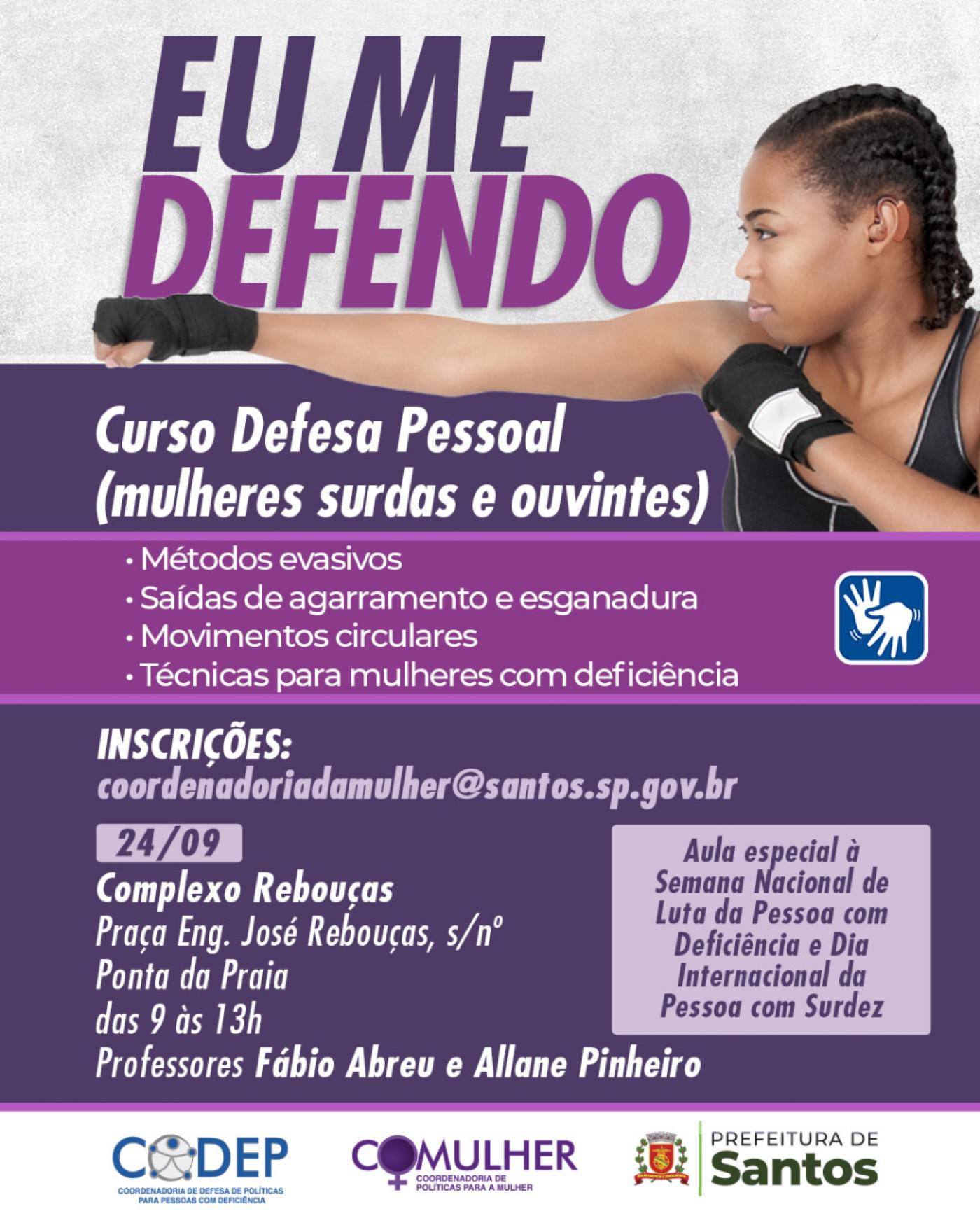 Banner com a inscrição Eu me defendo e as principais informações do curso, junto com a imagem de uma lutadora. #paratodosverem