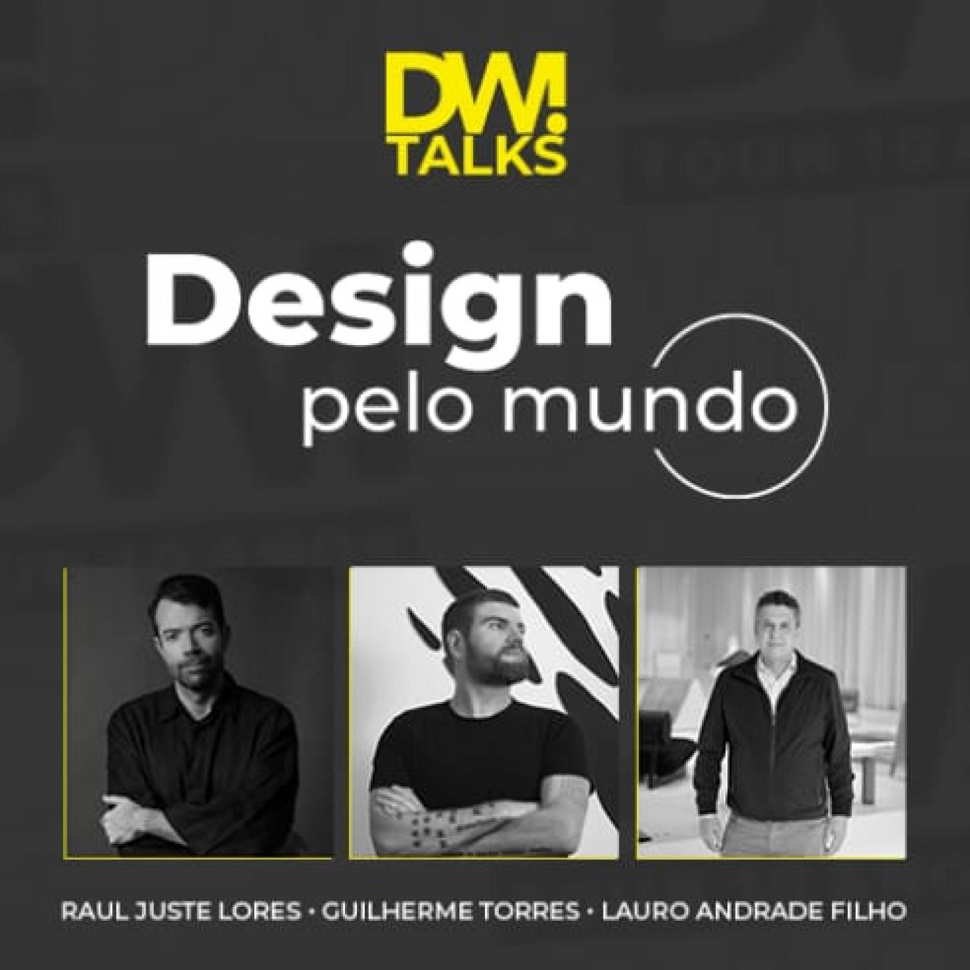 Banner de divulgação do evento Design pelo Mundo com fotos de três profissionais. #pracegover