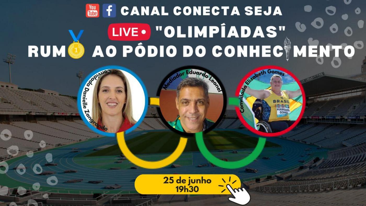 imagem dos convidados - Dani Zangrando, Educardo Leonel e Beth Gomes. As imagens dos rostos estão dentro dos círculos olímpicos. #paratodosverem