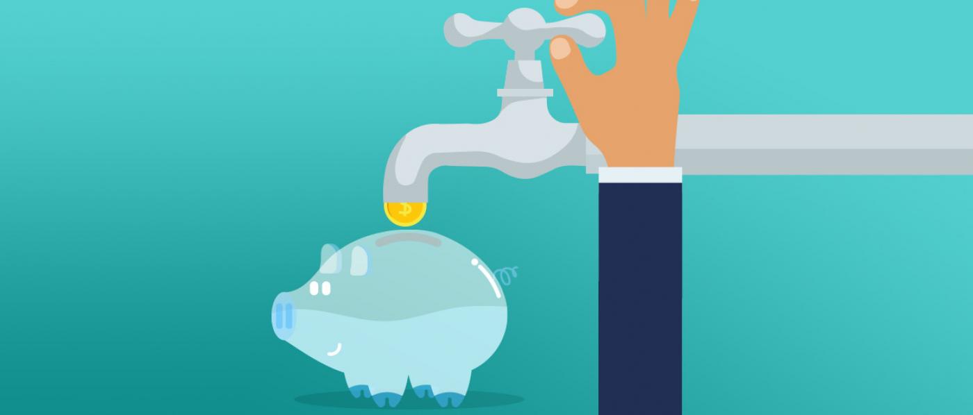 arte de mão fechando torneira. Abaixo da gota que cai, há um porquinho simbolizando economia. 