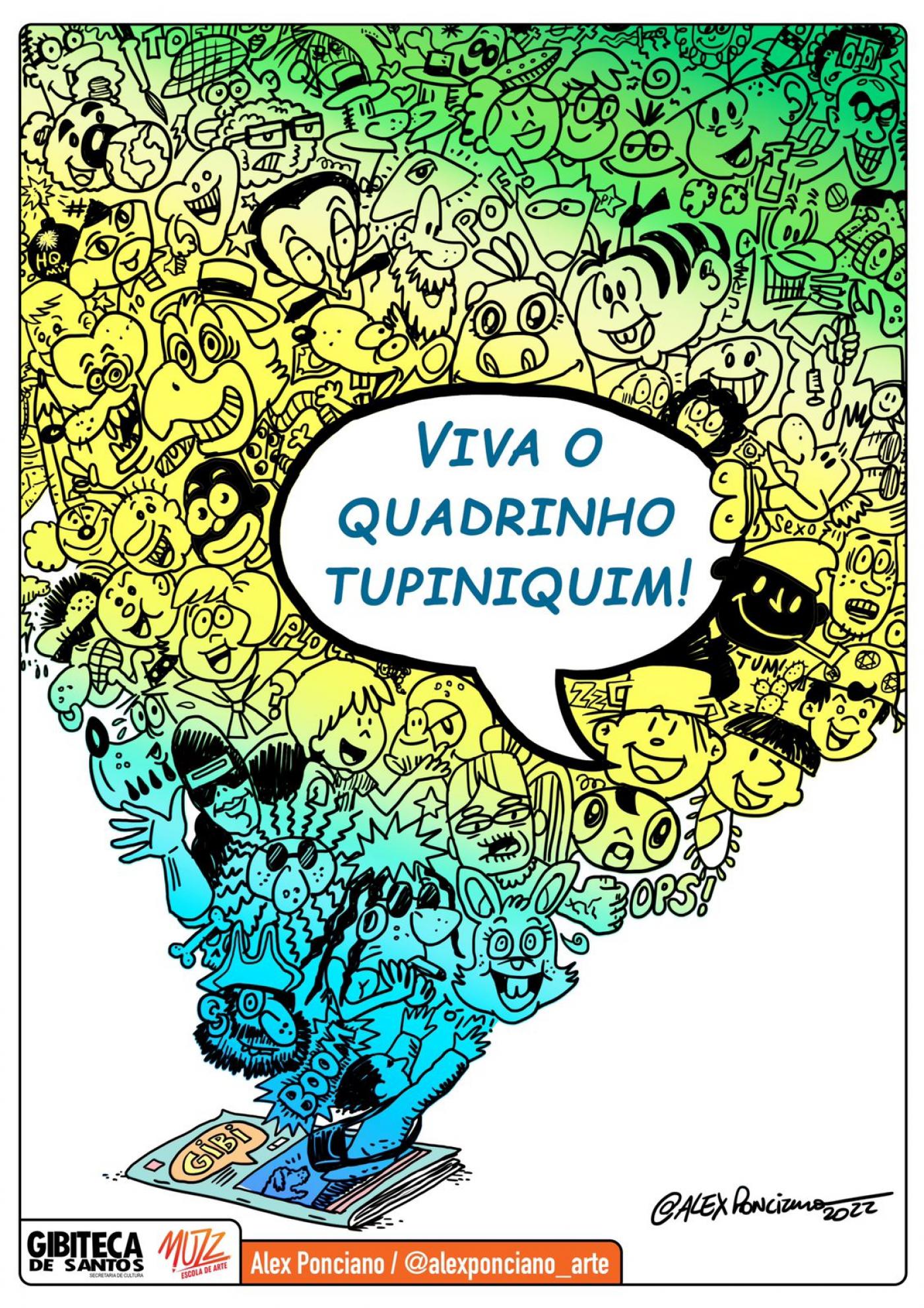 quadrinho com o desenho do mapa do brasil preenchido por vários personagens das histórias em quadrinhos. Ao centro há um balão onde se lê viva o quadrinho tupiniquim. #paratodosverem